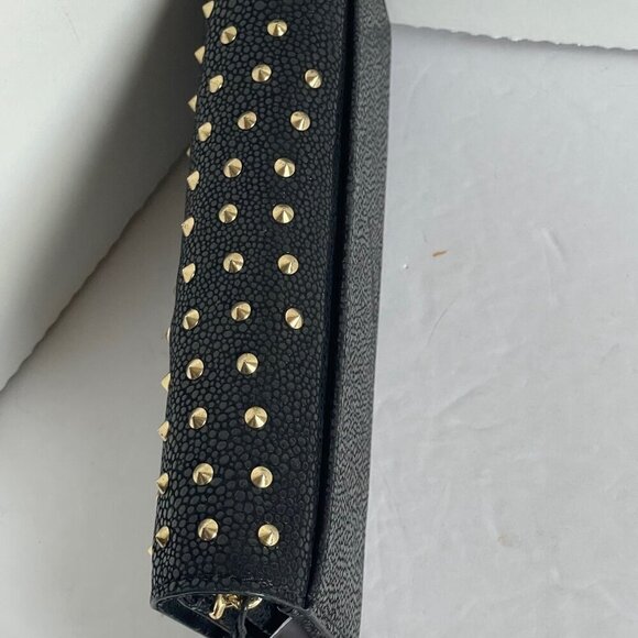 Brian Atwood Clutch Chain Wallet Small Black Leather Crossbody Gold Studded
